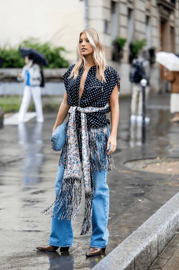 Fringed Scarf Detail with Sleeveless Top and Blue Bootcut Jeans Fringed Scarf Detail with Sleeveless Top and Blue Bootcut Jeans — Blue Bootcut Jeans Outfits 2027