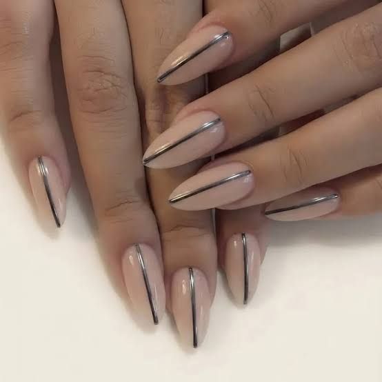 Long Almond Nude Metallic Silver Lines Long Almond Nude Metallic Silver Lines — Minimal Line Art Nails 2027