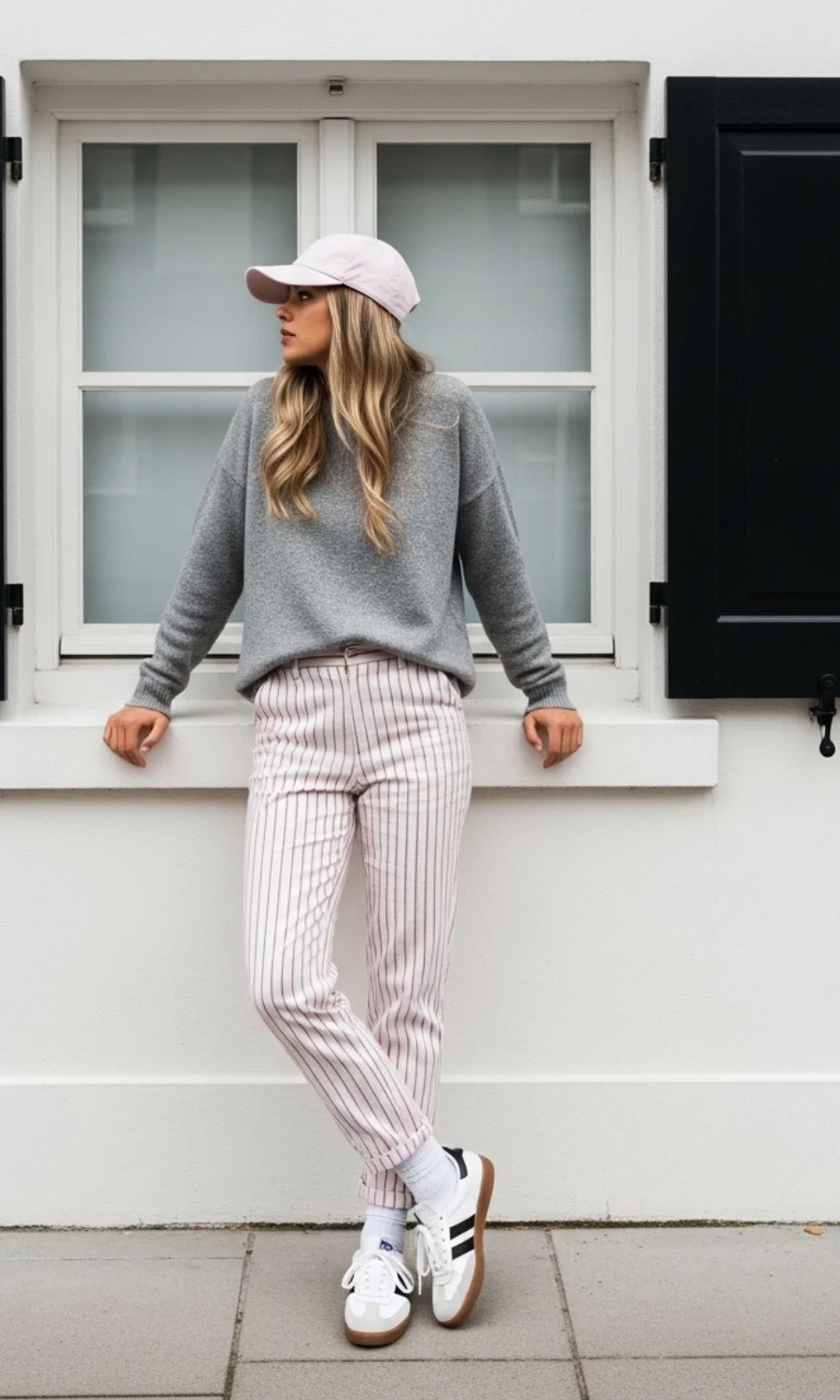 Playful Contrast: Adidas Samba with Striped Pants and Baseball Cap Playful Contrast: Adidas Samba with Striped Pants and Baseball Cap — Adidas Samba Outfits 2027