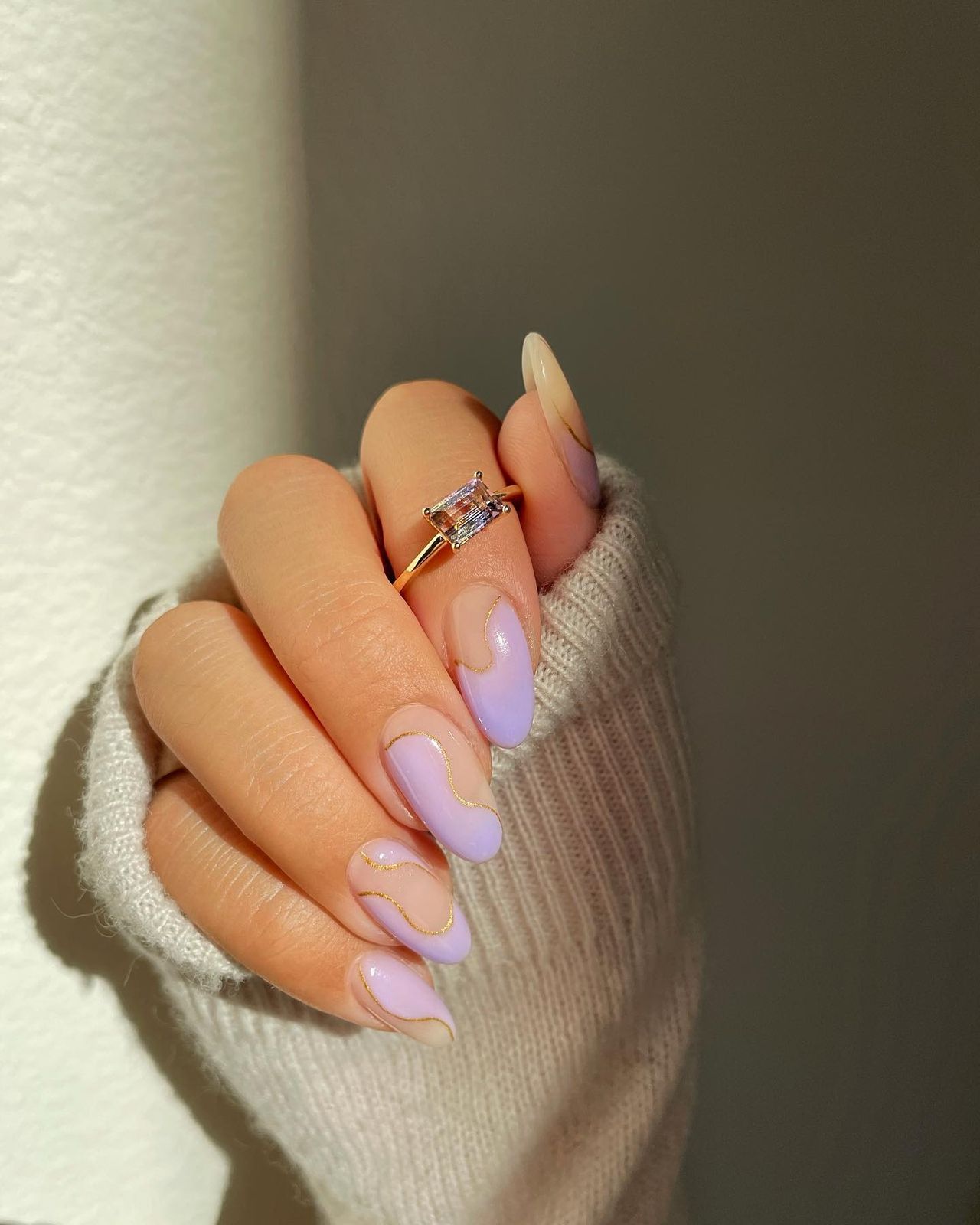 Long Stiletto Lavender to Nude Gradient with Gold Lines Long Stiletto Lavender to Nude Gradient with Gold Lines — Lavender Ombre Nails 2027