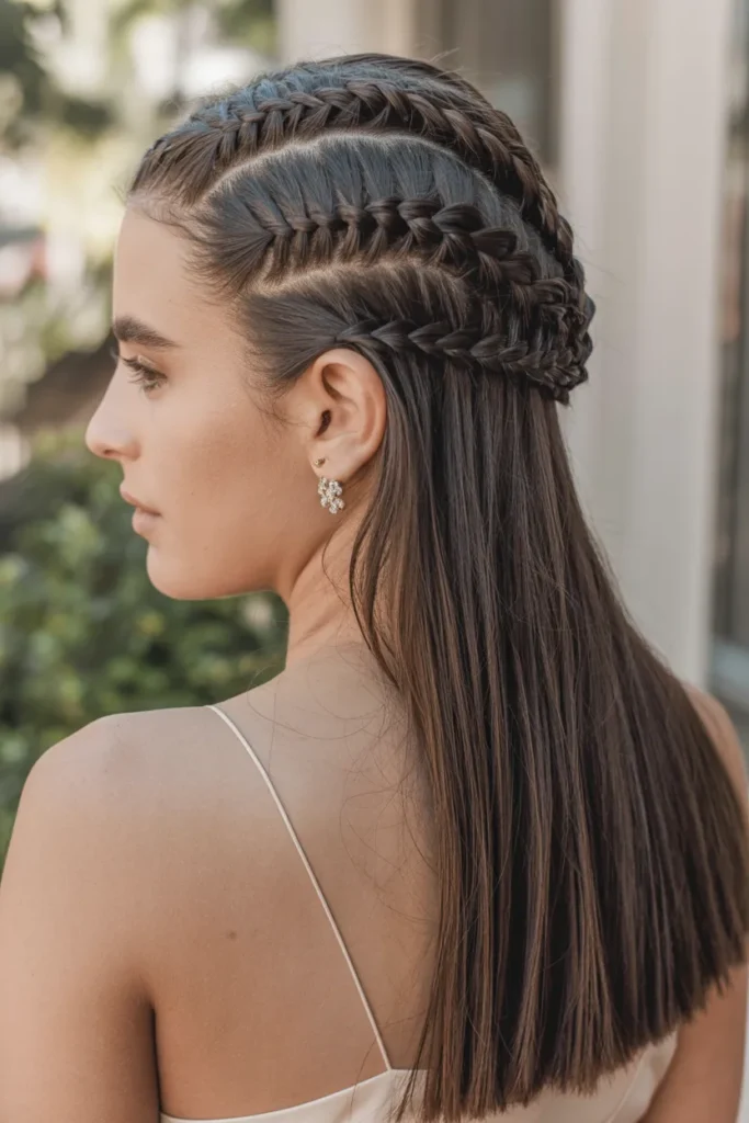 Geometric Dutch Braids Half-Up Geometric Dutch Braids Half-Up — Prom Hairstyles Braids 2027