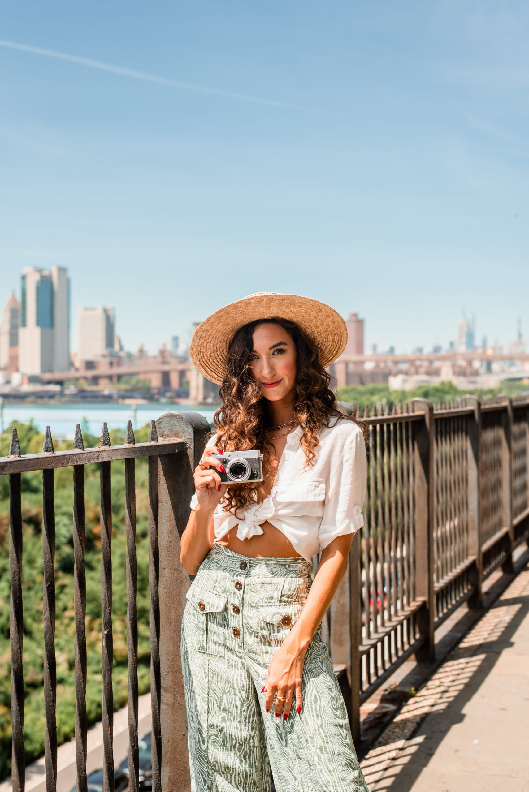 Tie-Front Shirt with Patterned Wide-Leg Trousers and Straw Hat Tie-Front Shirt with Patterned Wide-Leg Trousers and Straw Hat — Summer Photoshoot Outfits 2027
