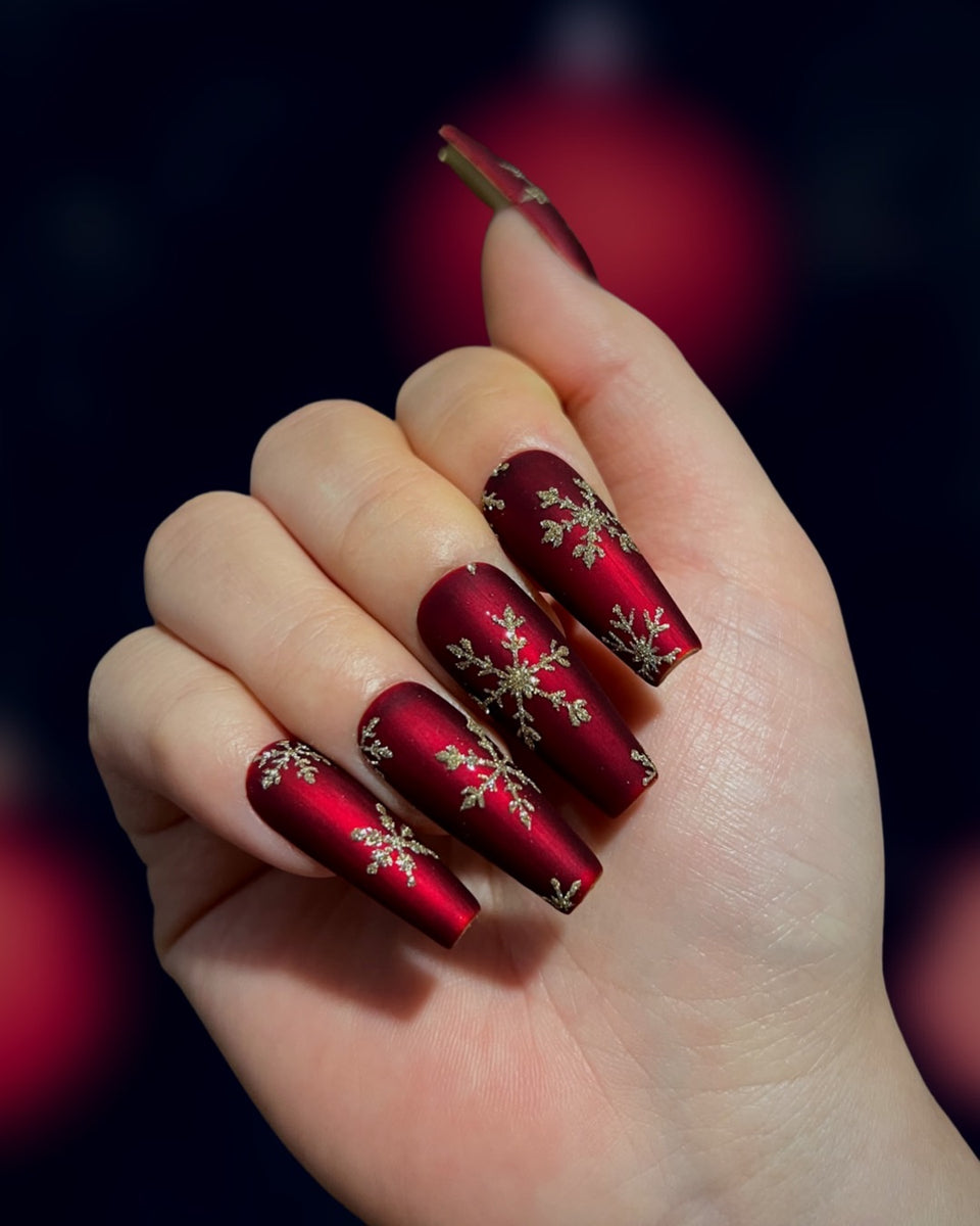 Matte Metallic Deep Red Gold Snowflake Matte Nails Matte Metallic Deep Red Gold Snowflake Matte Nails — Matte Christmas Nails 2026