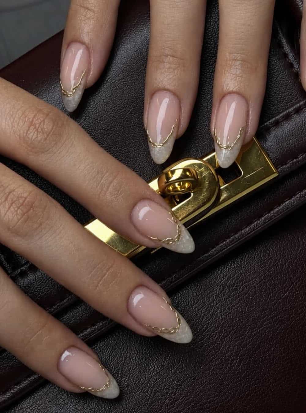 Luxurious Gold Foil French Tip Almonds Luxurious Gold Foil French Tip Almonds — Pastel Almond Nails 2027