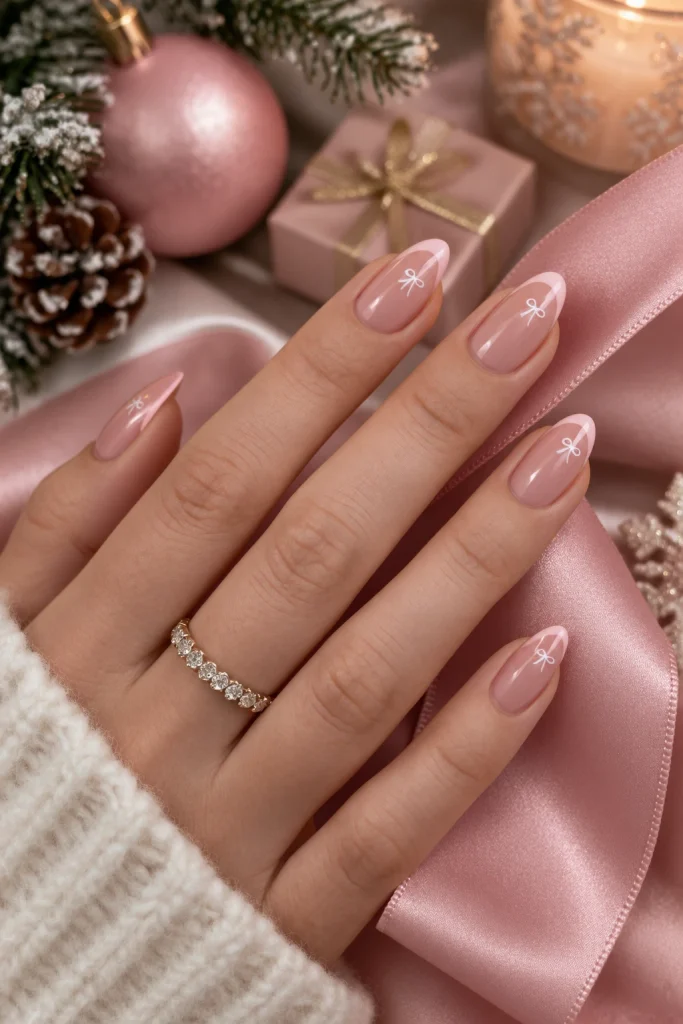 Sheer Pink French Tips with White Bows — Short Christmas Nails 2026