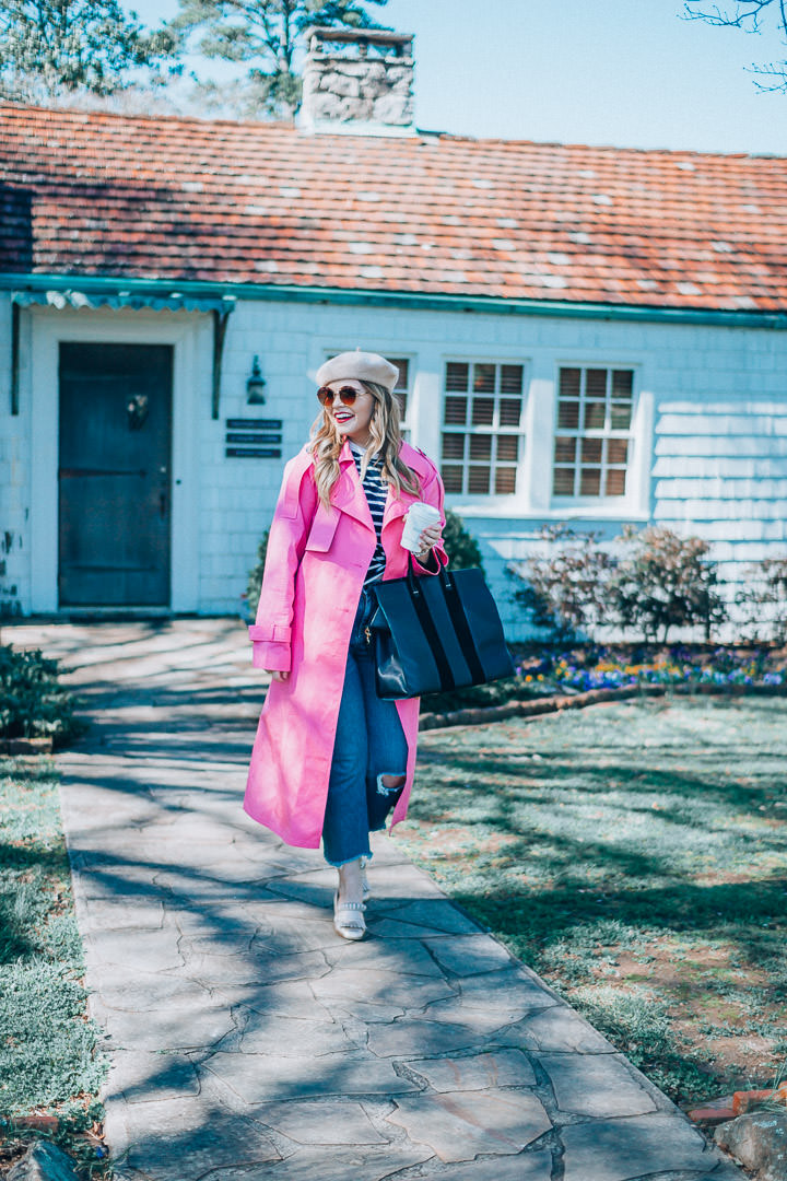Vibrant Pink Trench Coat with Denim and Beret — Spring Outfits 2027 with Trench Coat