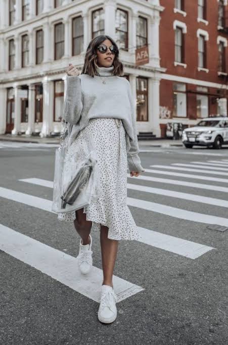 Grey Turtleneck Sweater with Patterned Midi Skirt for Daytime Chic — Dressy Winter Outfits 2027