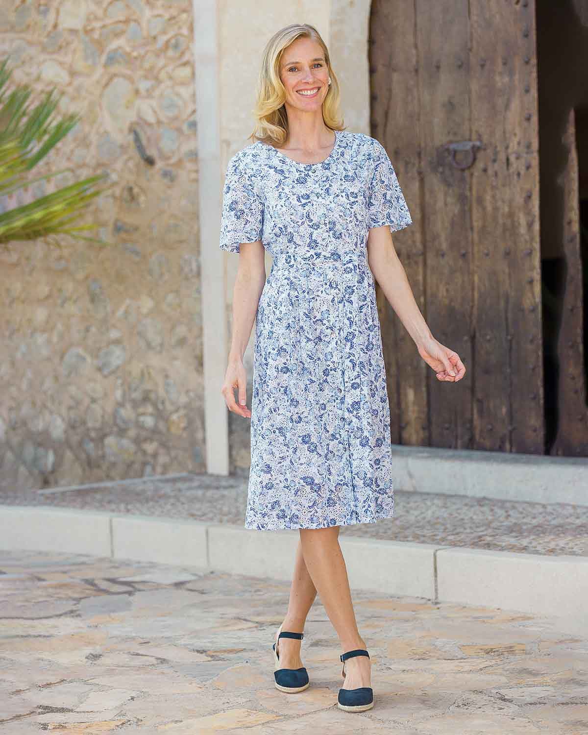 Blue and White Floral Midi Dress with Espadrille Wedges Blue and White Floral Midi Dress with Espadrille Wedges — Country Wedding Guest Dress 2027