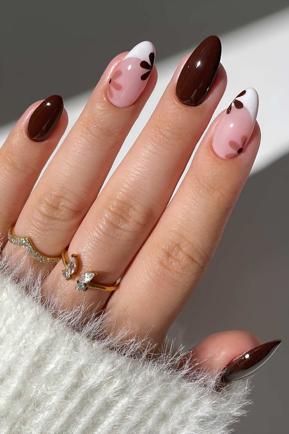 Rich Brown and Floral Almond Nails — Almond Nails 2027