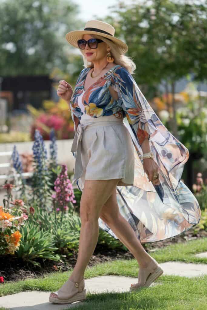 Linen Shorts with Sheer Floral Kimono and Espadrille Wedges Linen Shorts with Sheer Floral Kimono and Espadrille Wedges — Summer Outfits 2027 with Shorts