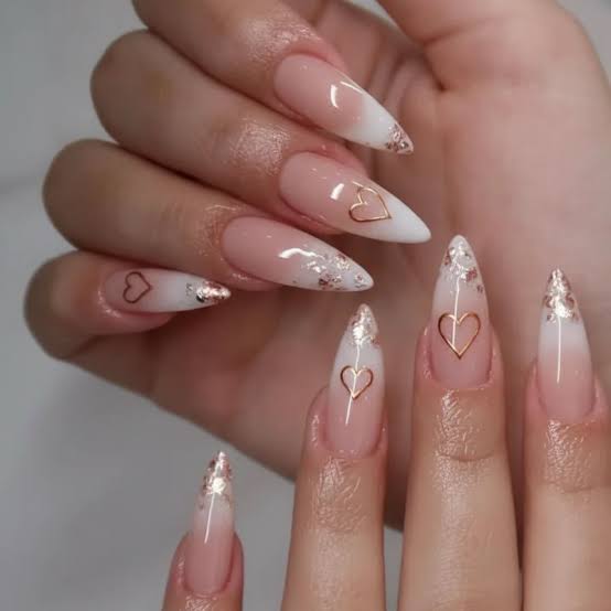 Gold Heart Outline French Tip Long Stilettos Gold Heart Outline French Tip Long Stilettos — Date Night Nails 2027