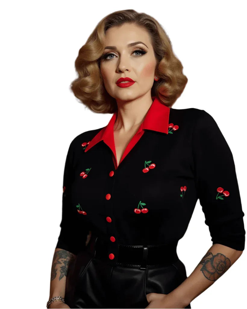 Cherry Print Knit Top with Leather Pants and Belt Cherry Print Knit Top with Leather Pants and Belt — Pin Up Outfits 2027