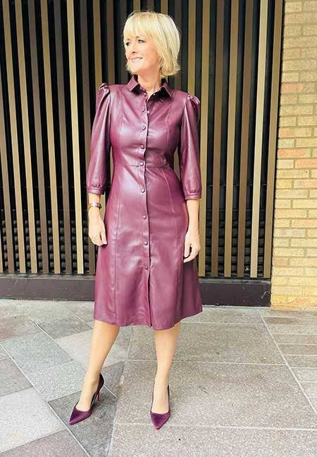 Purple Leather Midi Dress with Button-Front Detail Purple Leather Midi Dress with Button-Front Detail — Purple Leather Outfits 2027