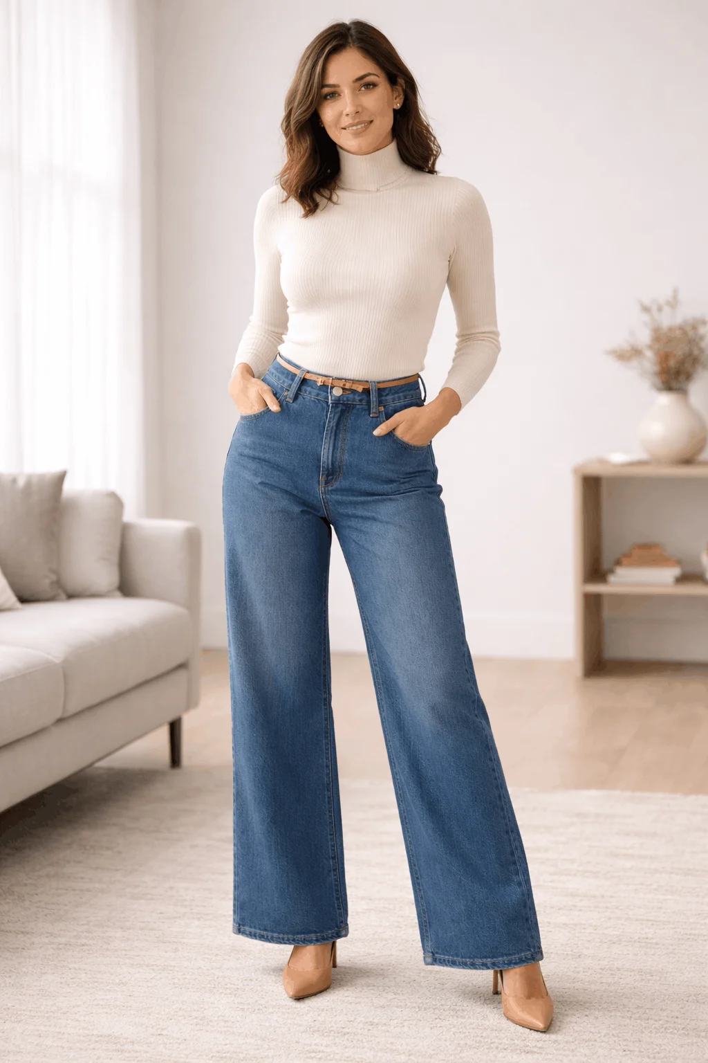 Sleek Casual: Blue Wide Leg Jeans with Cream Turtleneck and Belt — Wide Leg Jeans 2027