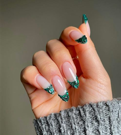 Emerald Rhinestone Embellished French Tips Emerald Rhinestone Embellished French Tips — Emerald Nails 2027
