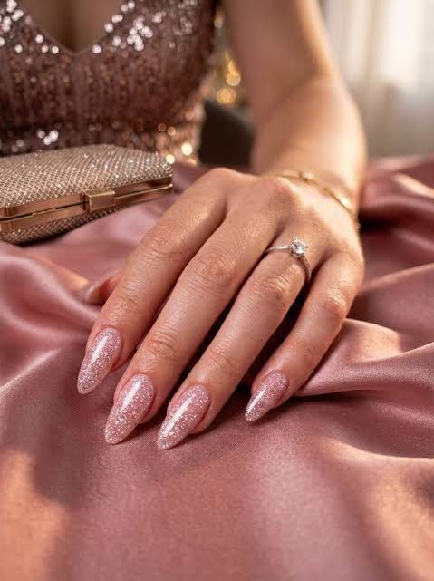 Pale Pink All-Over Glitter Stiletto — Sparkly Prom Nails 2027