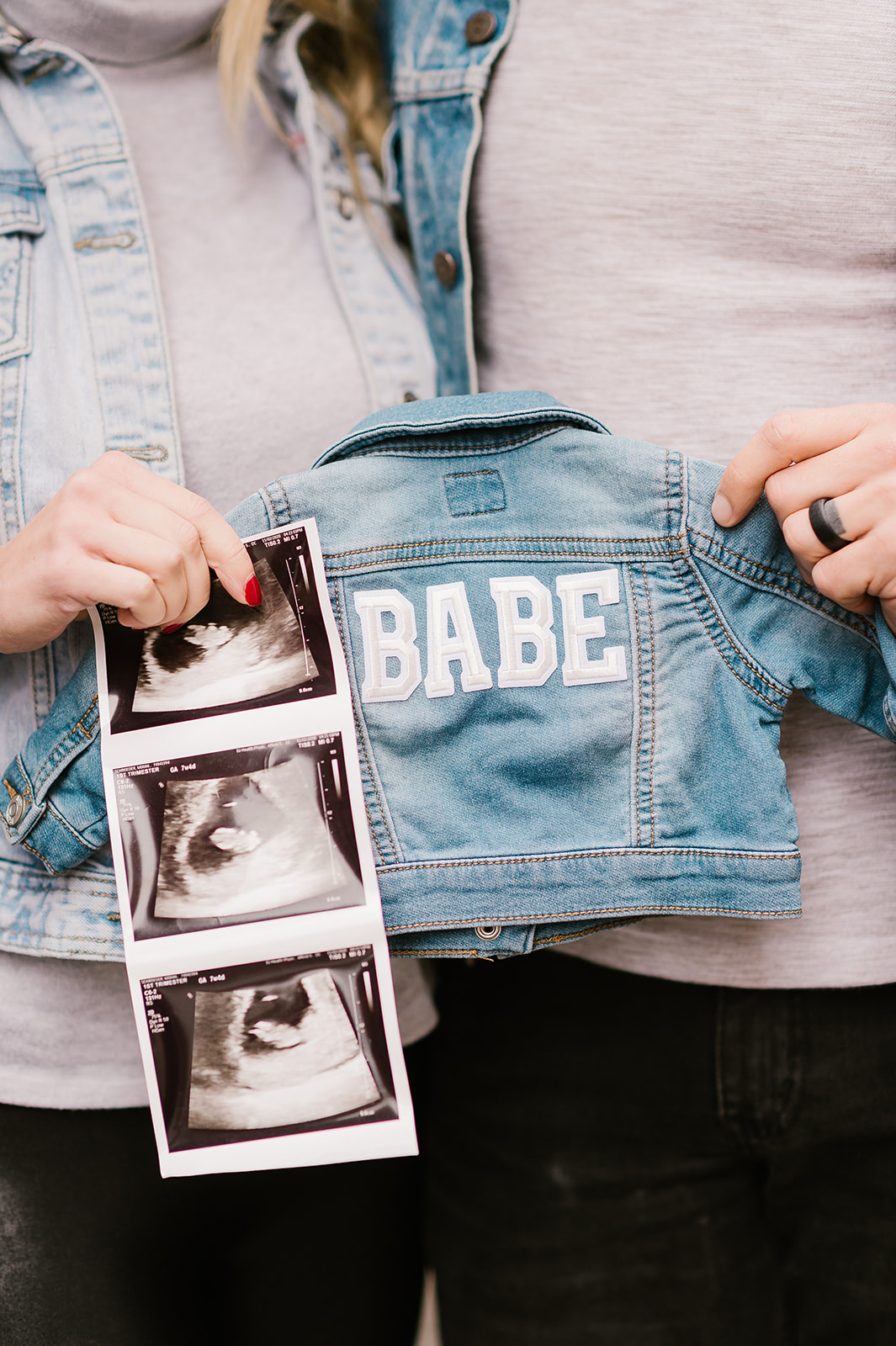 Denim Jacket with 'BABE' Embroidery and Ultrasound Photos Denim Jacket with 'BABE' Embroidery and Ultrasound Photos — Gender Reveal Outfits 2027