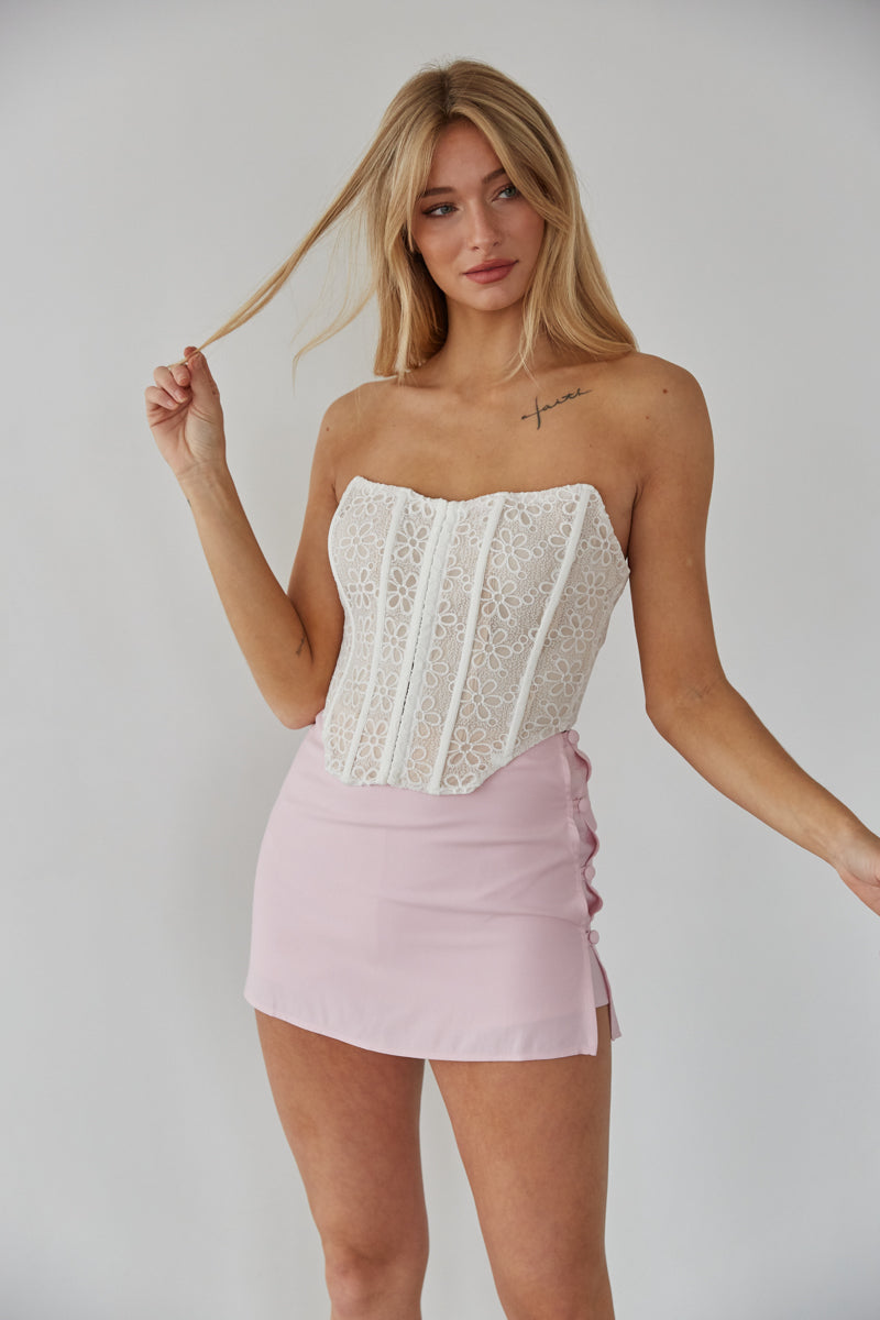 Feminine White Lace Corset with Pink Mini Skirt Feminine White Lace Corset with Pink Mini Skirt — Lace Corset Top Outfits 2027