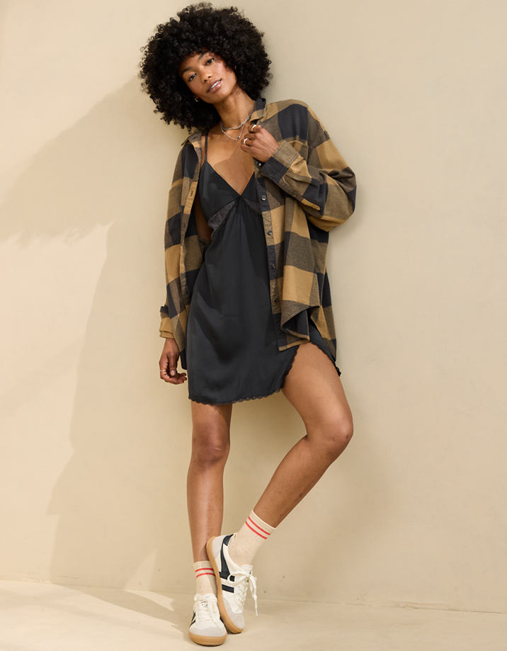 Edgy Contrast: Oversized Flannel Over a Slip Dress with Sneakers Edgy Contrast: Oversized Flannel Over a Slip Dress with Sneakers — Flannel Outfits 2027
