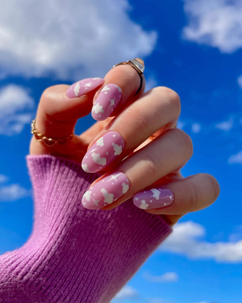 One Hand Medium Shot Short Oval Light Pink White Gold Clouds One Hand Medium Shot Short Oval Light Pink White Gold Clouds — Pink Cloud Nails 2027