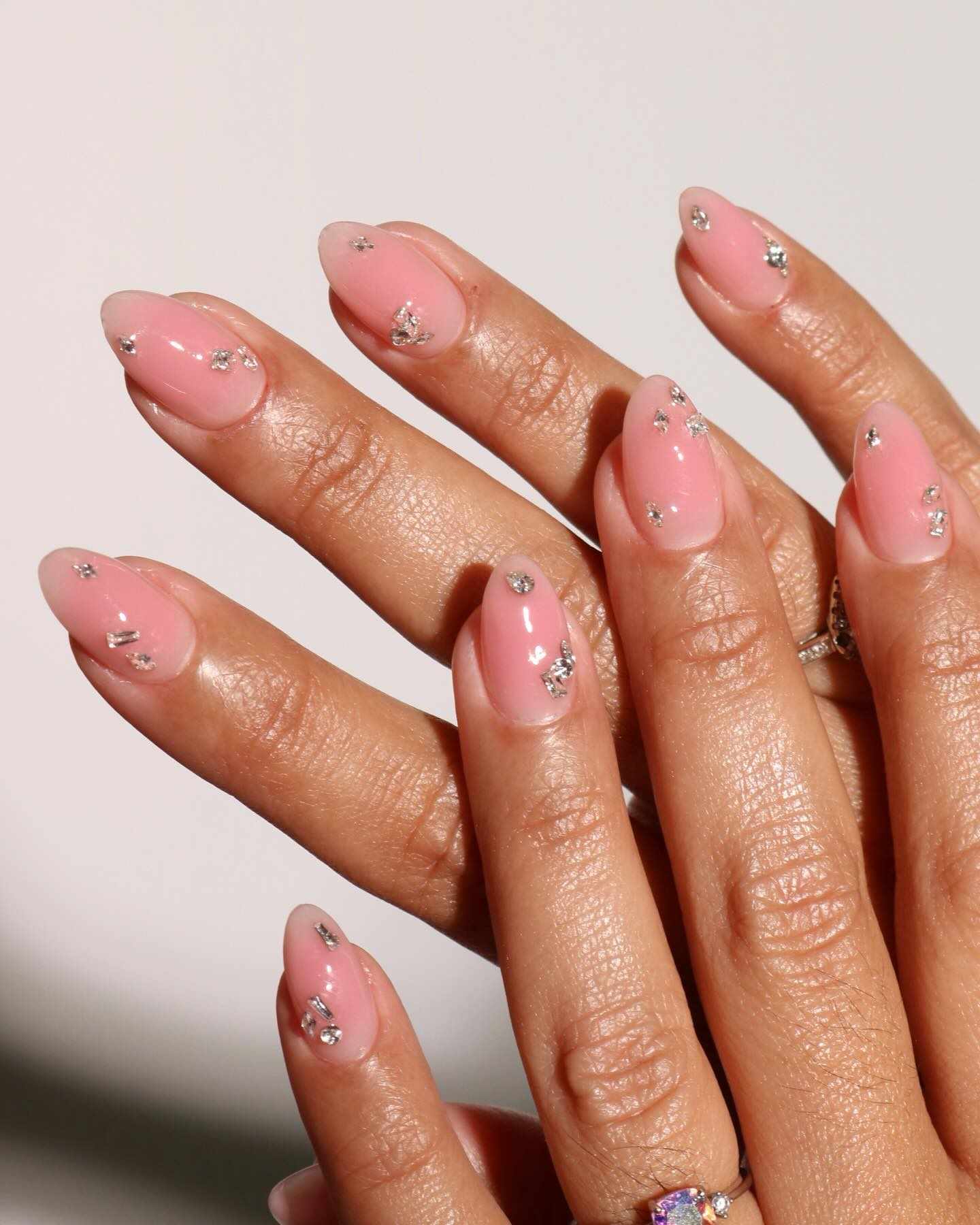 Sheer Pink Nails with Delicate Rhinestones Sheer Pink Nails with Delicate Rhinestones — Gel X Nails 2027