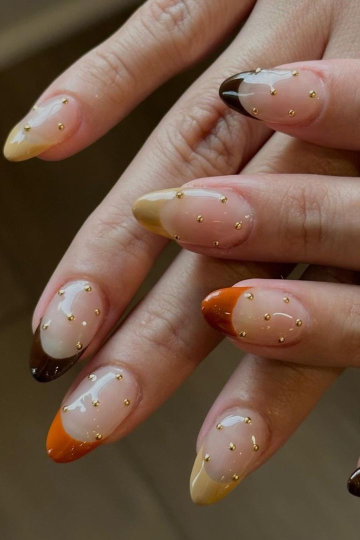 Autumnal French Tips with Gold Studs — Thanksgiving Nails 2026