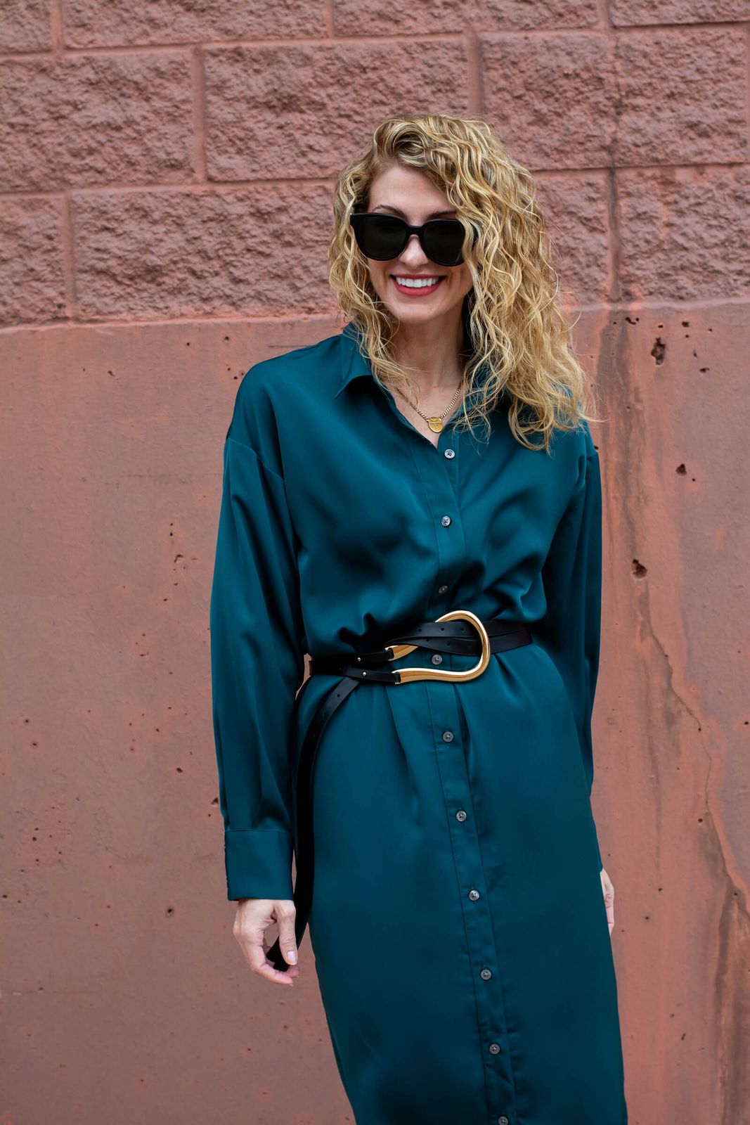 Satin Shirt Dress Cinched by a Wide Gold Buckle Belt Satin Shirt Dress Cinched by a Wide Gold Buckle Belt — Statement Belt Outfits 2027