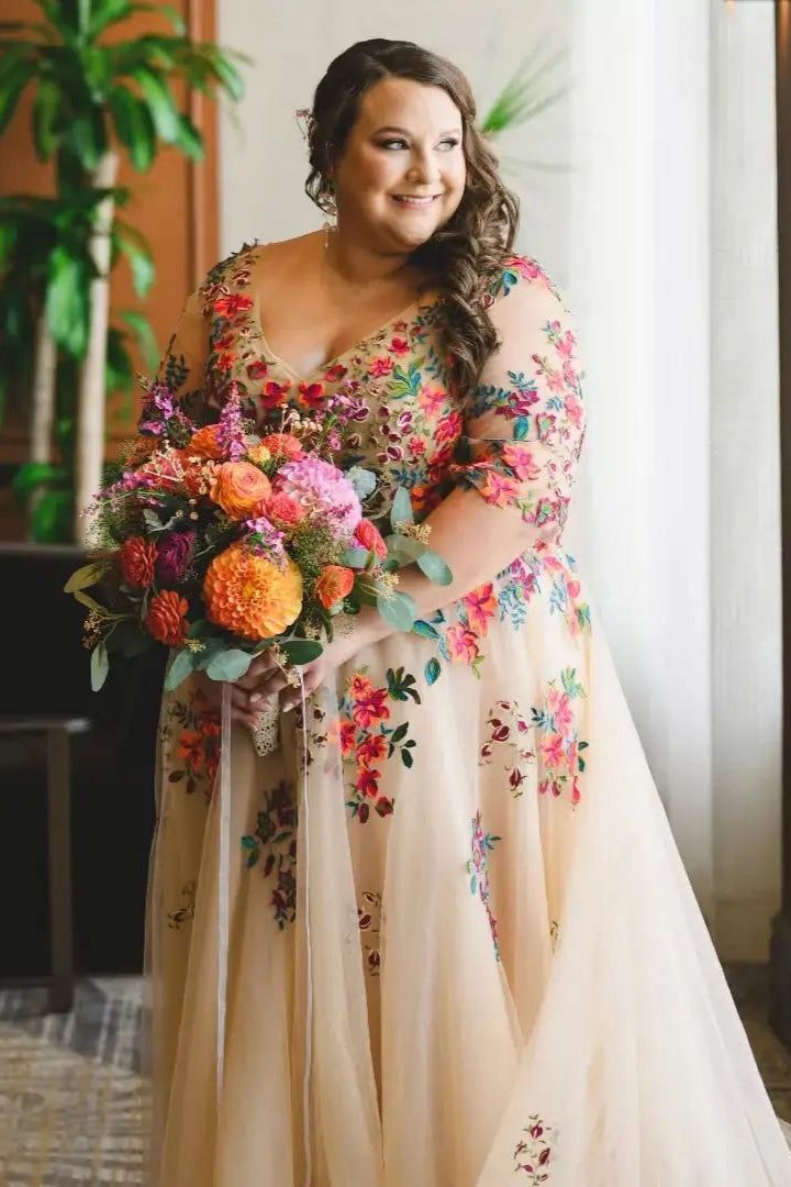 Nude Tulle Gown with Vibrant Floral Embroidery — Colored Wedding Dresses 2027
