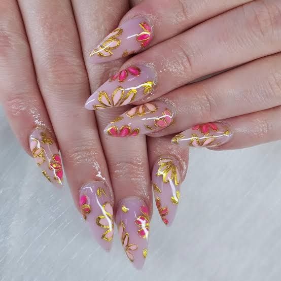 Gold And Pink Floral Patterns Visual Idea — Floral Gel Nails 2027