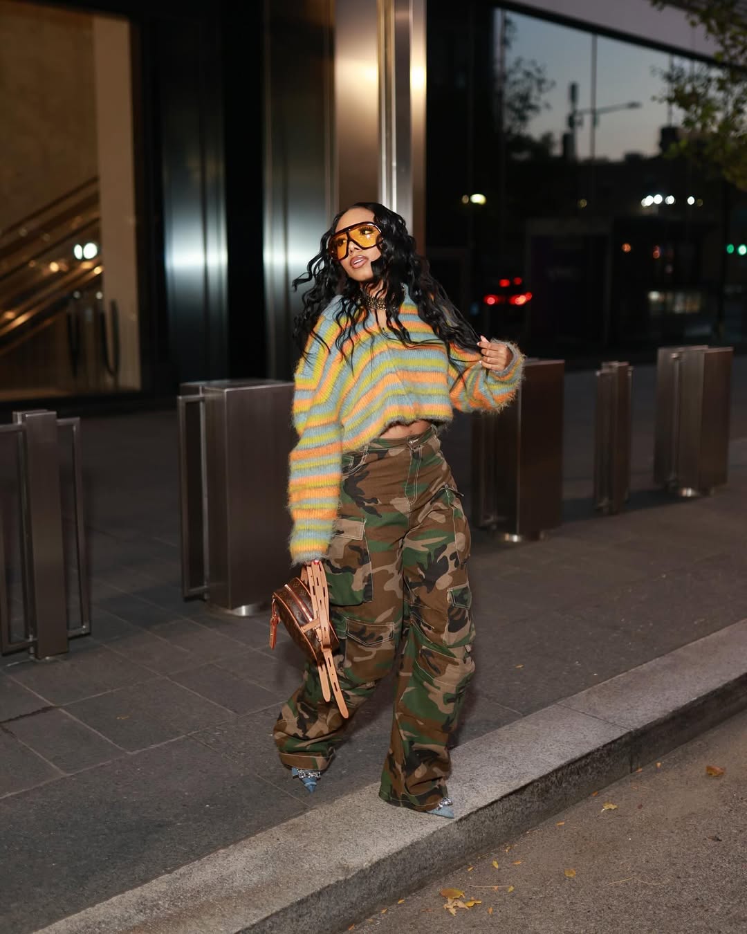 Fuzzy Striped Sweater and Camo Cargo Pants for a Relaxed Vibe — Concert Outfits 2027