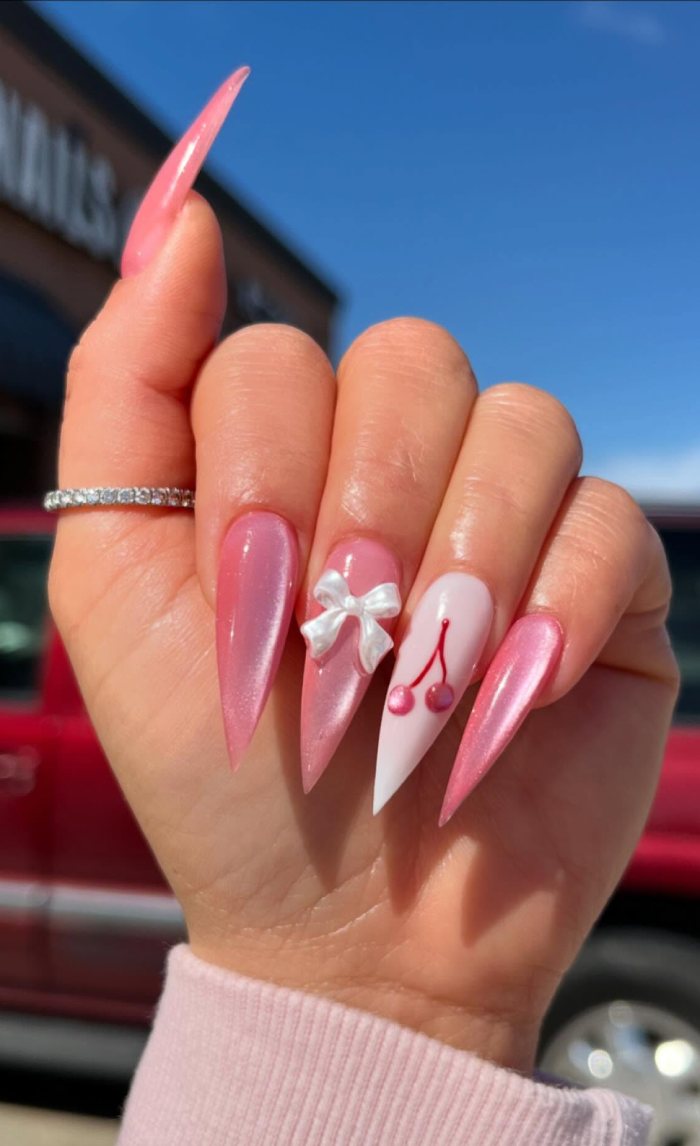 Long Stiletto Pink Chrome with White Bow — Pink Bow Nails 2027