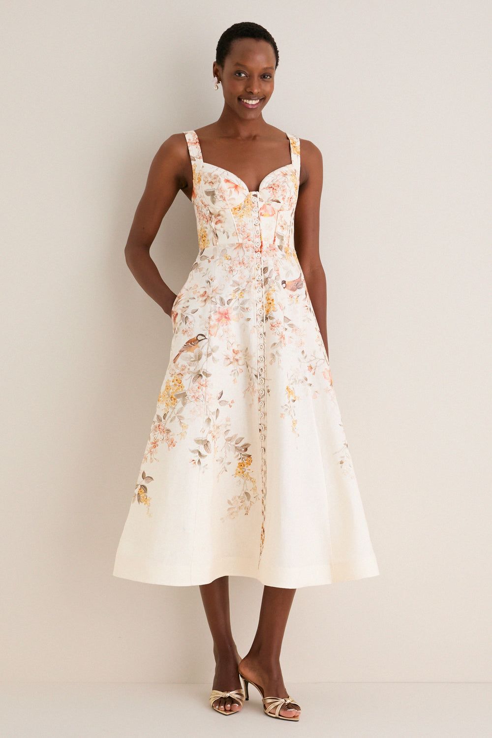 Gold Heeled Mules Outfit Idea — Midi Picnic Dress 2027