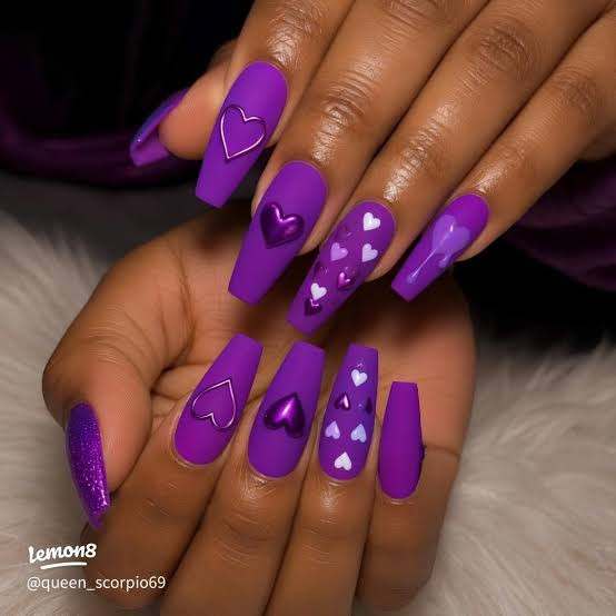 Matte Purple Heart Glitter Coffin Nails Matte Purple Heart Glitter Coffin Nails — Short Heart Coffin Nails 2027