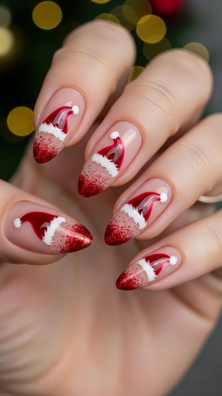 Long Almond Santa Hat Gradient Nails Long Almond Santa Hat Gradient Nails — Santa Nails 2026