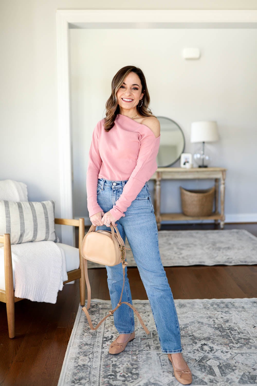 Pink Off-the-Shoulder Sweatshirt with Straight Leg Jeans Pink Off-the-Shoulder Sweatshirt with Straight Leg Jeans — Galentines Outfits 2027