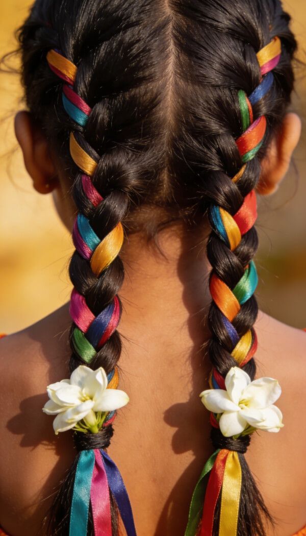 French Braids With Rainbow Ribbons — Ribbons Little Girl Hairstyles 2027