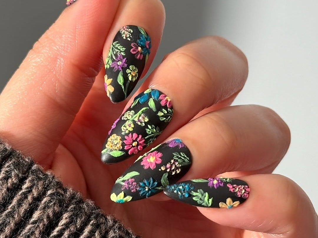 Matte Black Multi-Color Floral Nails Matte Black Multi-Color Floral Nails — Floral Nails 2027