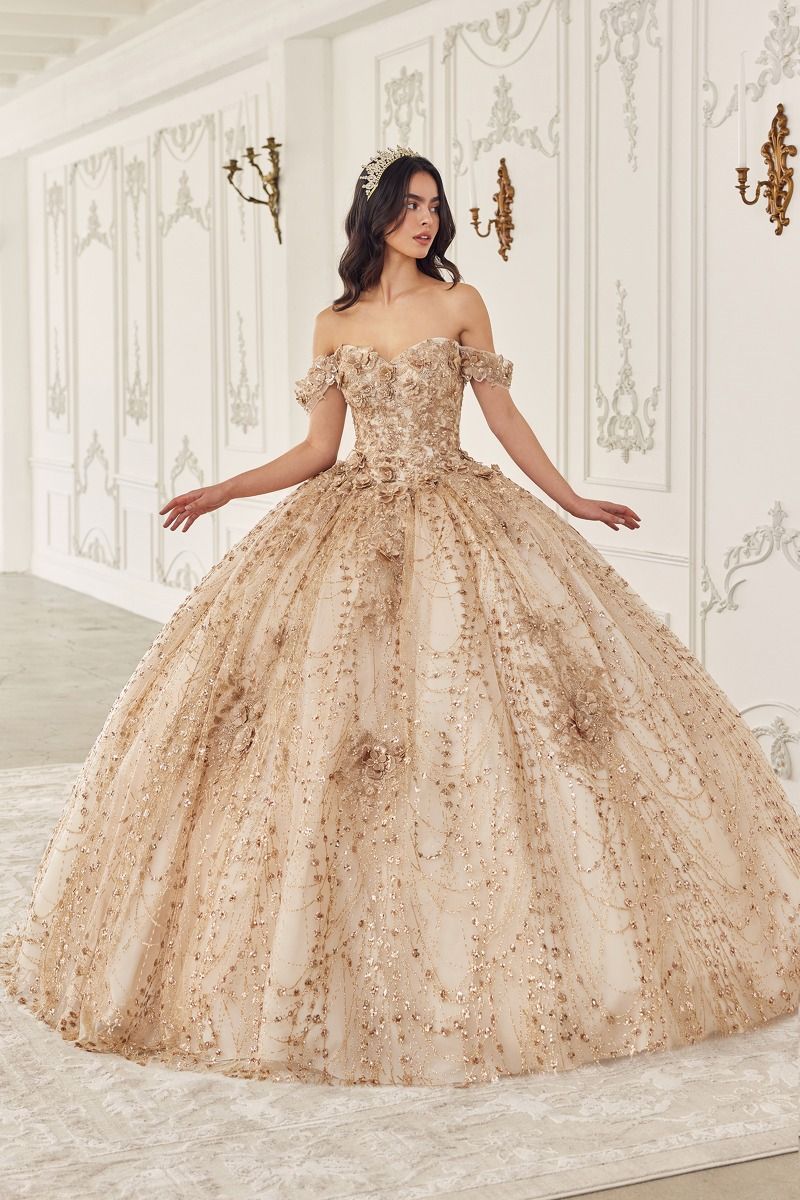 Champagne Ballgown with Off-the-Shoulder Neckline and Statement Bow — Champagne Quinceanera Dress 2027