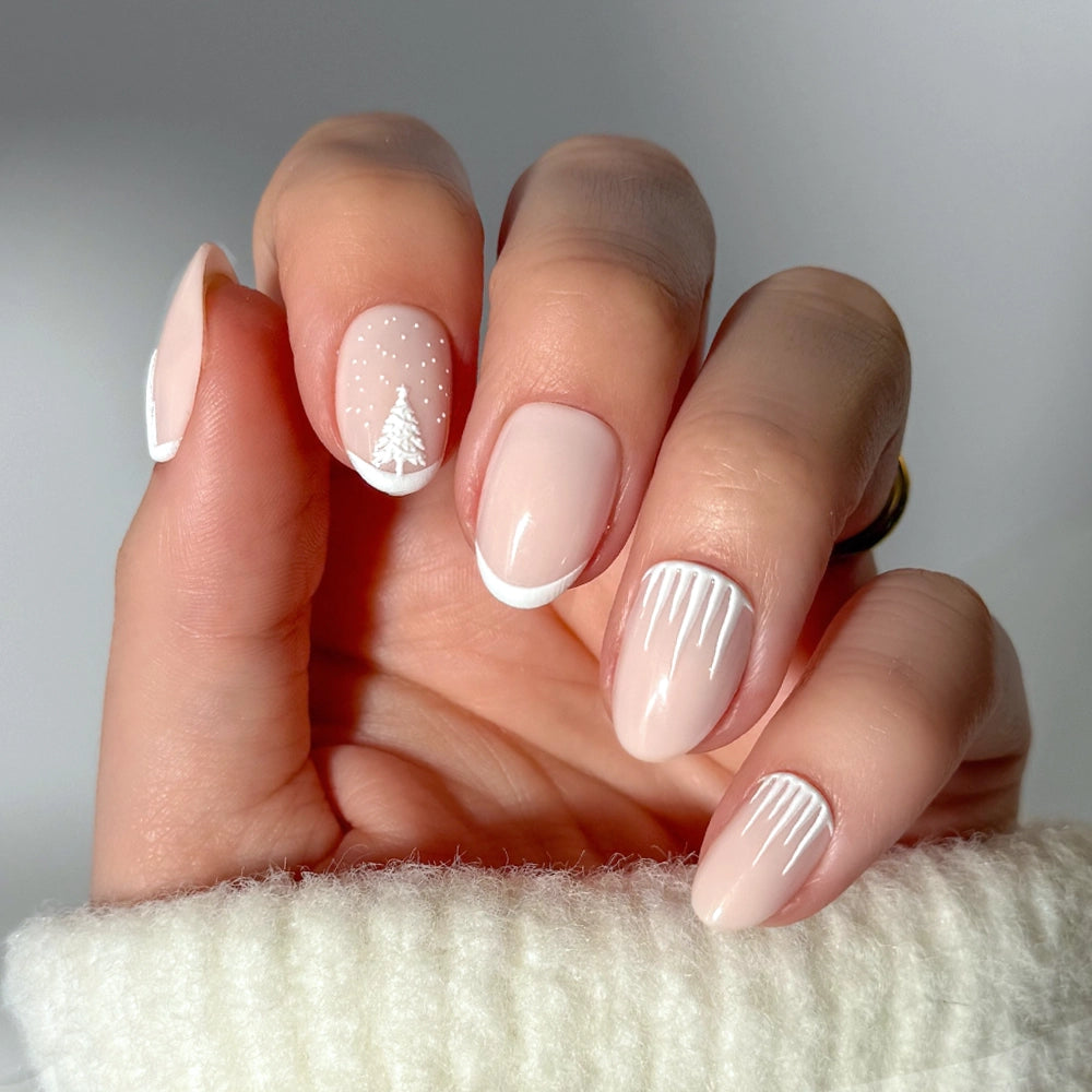 Short Oval Snow Tree French Tips Short Oval Snow Tree French Tips — Winter White Nails 2027