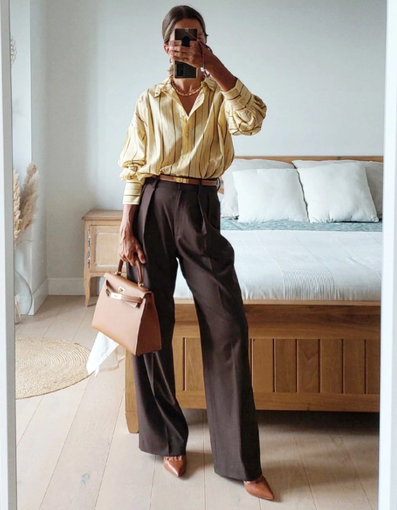 Striped Silk Blouse and Wide-Leg Brown Trousers Striped Silk Blouse and Wide-Leg Brown Trousers — Casual Work Outfits 2027