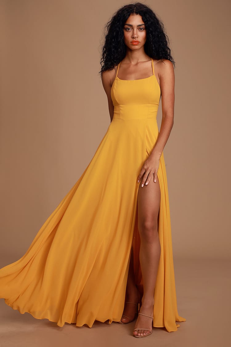 Flowing Mustard Yellow Maxi Dress with High Slit — Mustard Outfits 2027