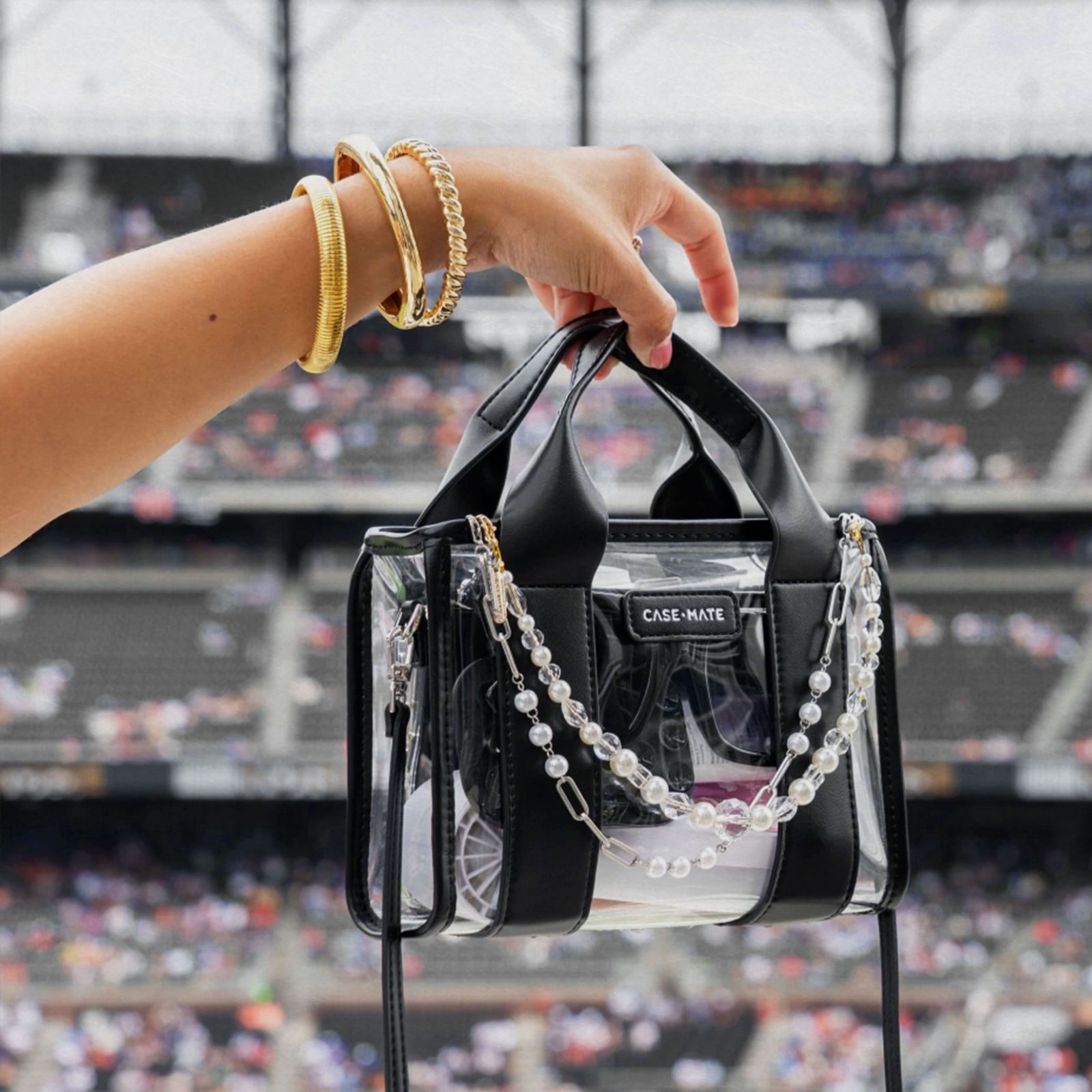 Structured Top-Handle Bag with Pearl and Chain Embellishments — Clear Bag Outfits 2027