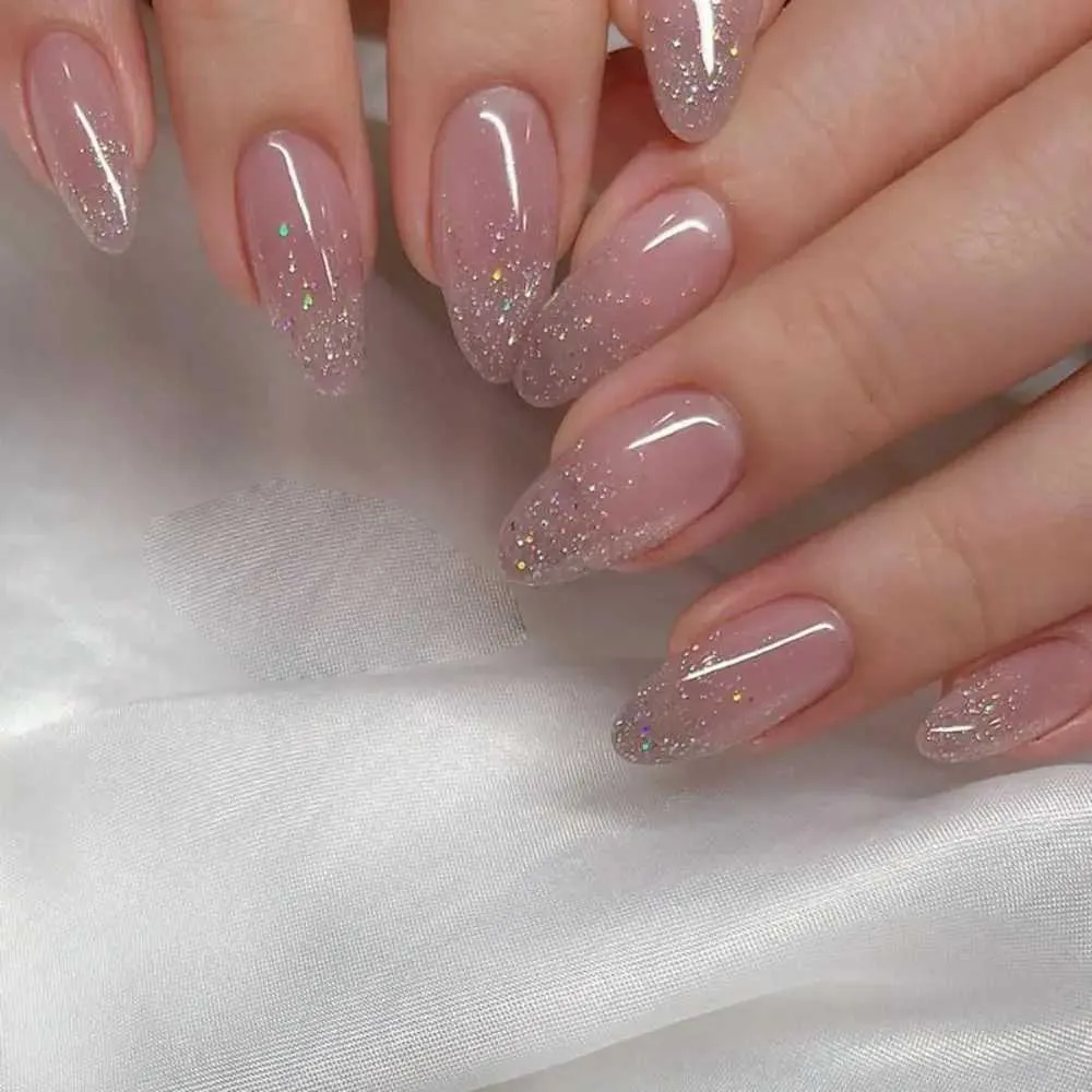 Sheer Pink Glitter Tip Almonds Sheer Pink Glitter Tip Almonds — Long Almond Nails 2027