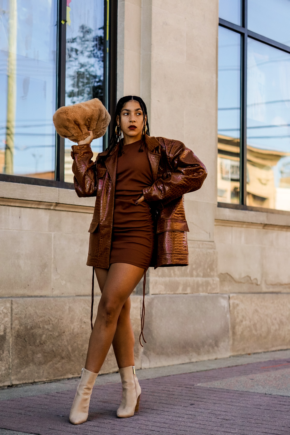 Monochrome Brown with Croc-Effect Blazer and Fluffy Clutch Monochrome Brown with Croc-Effect Blazer and Fluffy Clutch — Brown Outfits 2027