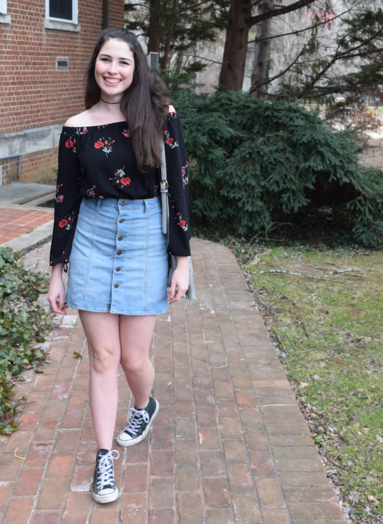 Denim Skirt Chic: Off-Shoulder Top with High-Tops Denim Skirt Chic: Off-Shoulder Top with High-Tops — Darty Outfits 2027