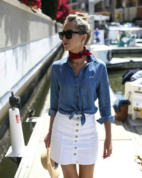Denim Shirt and White Button-Up Skirt with Bandana Denim Shirt and White Button-Up Skirt with Bandana — Classic Americana Outfits 2027