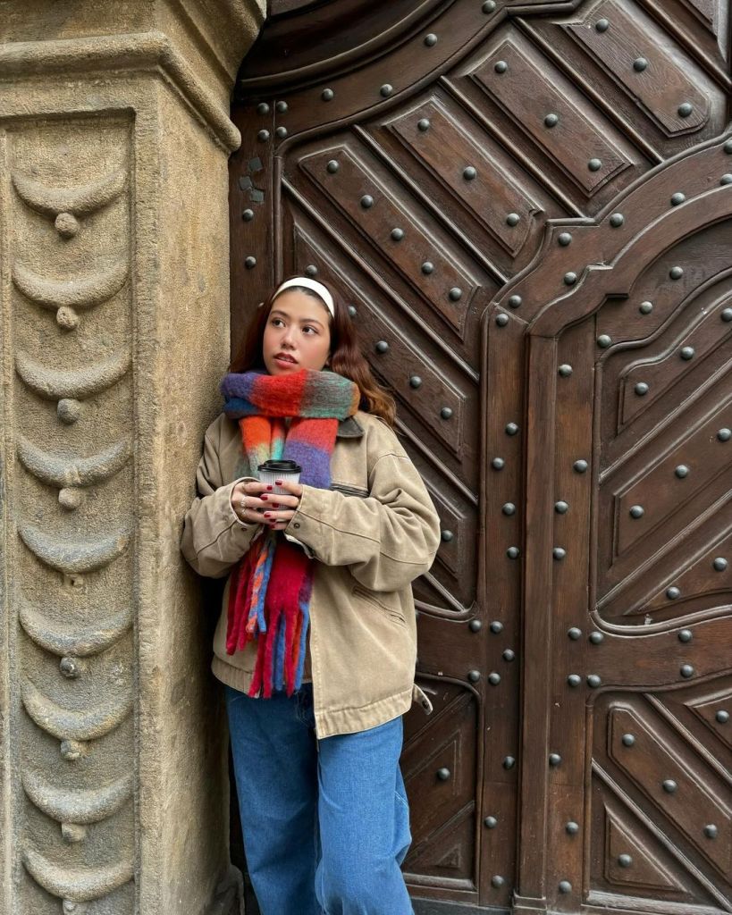 Casual Denim Meets Corduroy with a Fringed Scarf Casual Denim Meets Corduroy with a Fringed Scarf — Winter Colorful Outfits 2027