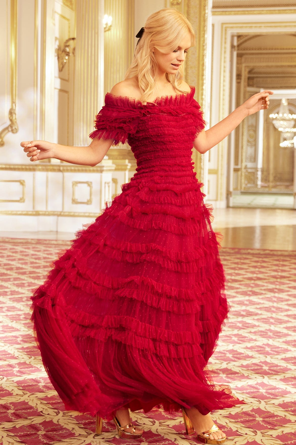 Elegant Red Off-the-Shoulder Gown with Full Ruffle Texture Elegant Red Off-the-Shoulder Gown with Full Ruffle Texture — Ruffle Dresses 2027