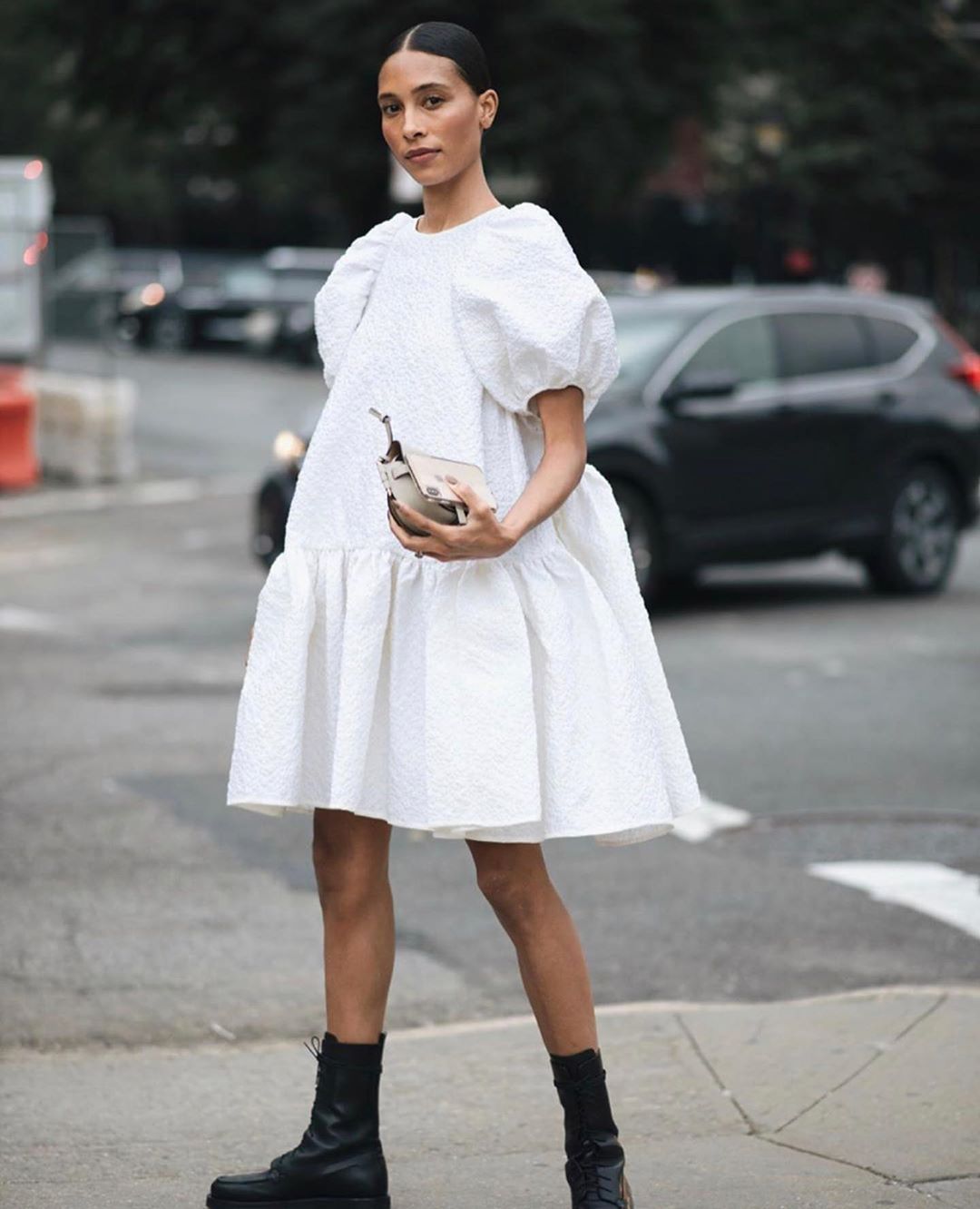 Edgy Street Style with a White Puff Sleeve Babydoll Dress Edgy Street Style with a White Puff Sleeve Babydoll Dress — Puff Sleeve Dress Outfits 2027