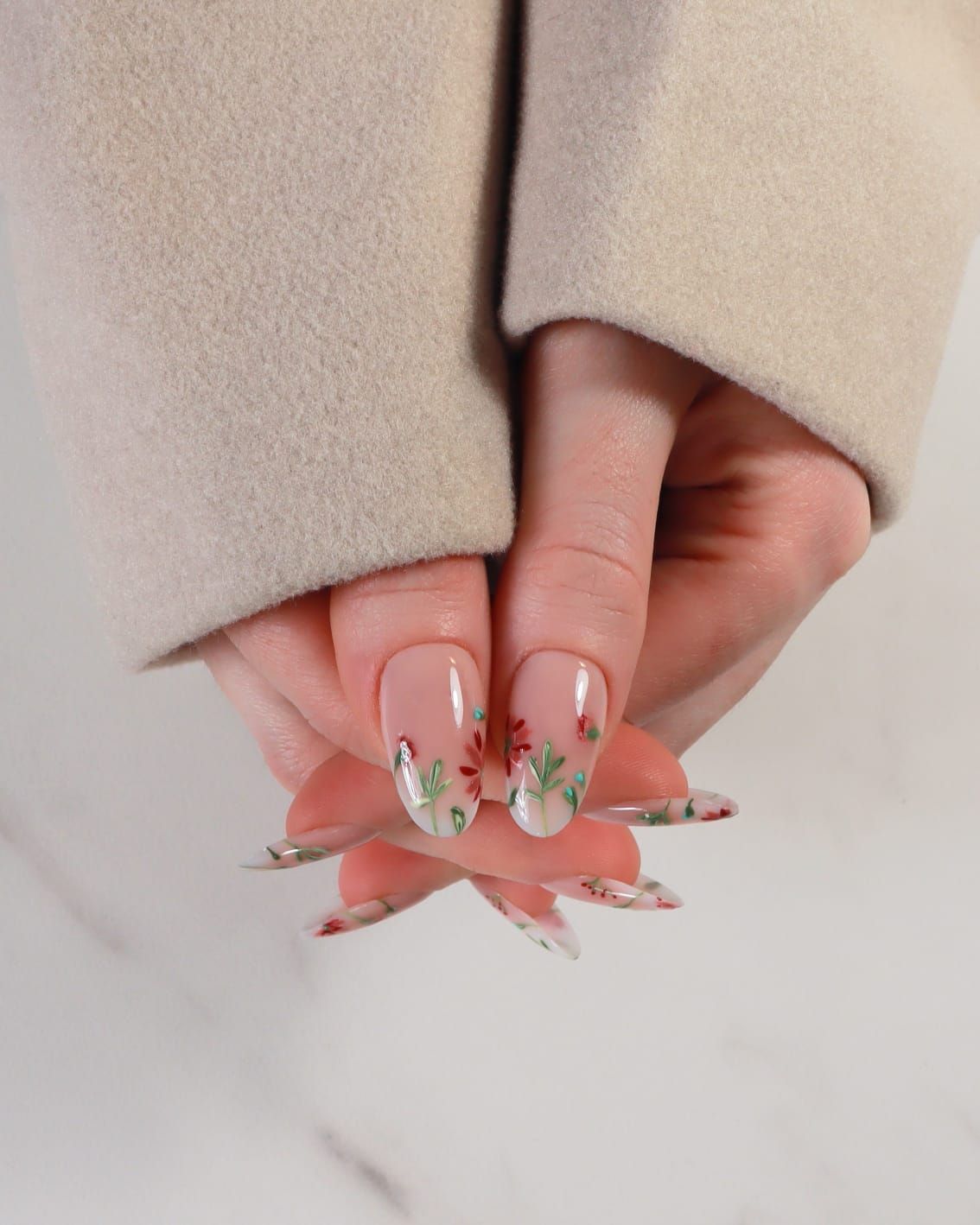 Nude Base Hand-Painted Floral Stilettos Nude Base Hand-Painted Floral Stilettos — Floral Stiletto Nails 2027